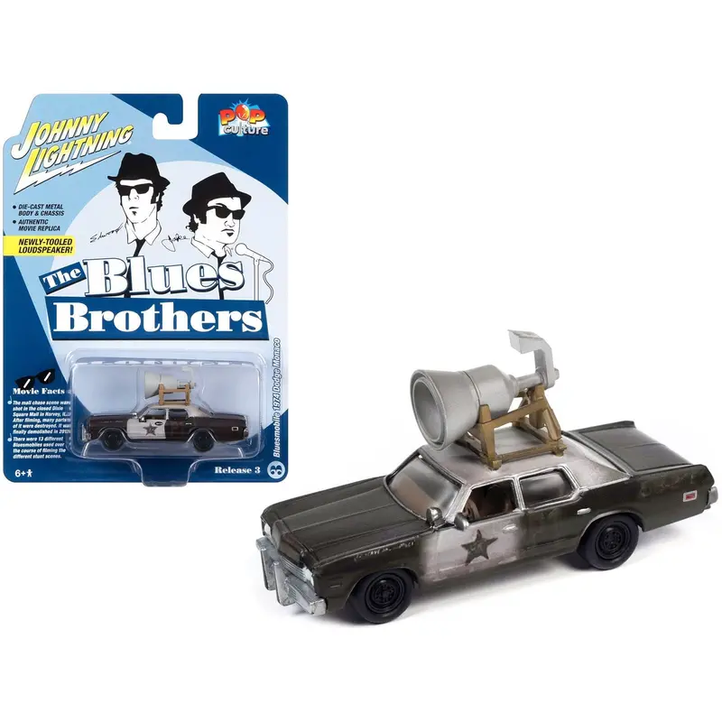 1974 Dodge Monaco Police Car Black And White (Dirty) W/Roof Speaker "Blues Brothers" (1980) Movie "Pop Culture" 2023 Release 3 1/64 Diecast Model Car By Johnny Lightning 1