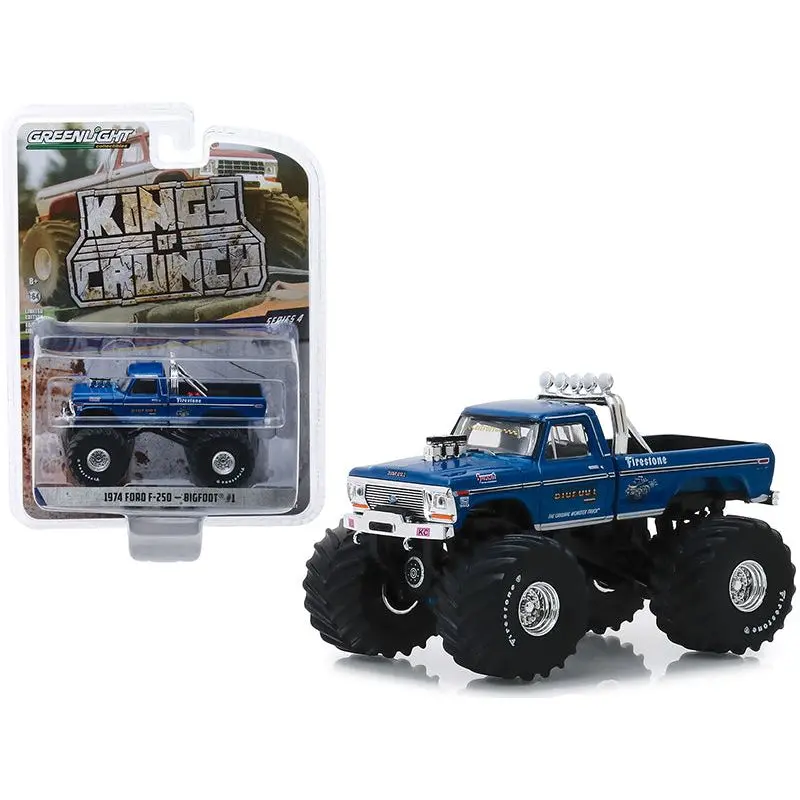 1974 Ford F-250 Monster Truck "Bigfoot #1" With 66-Inch Tires Blue (Clean Version) "Kings Of Crunch" Series 4 1/64 Diecast Model Car By Greenlight 1