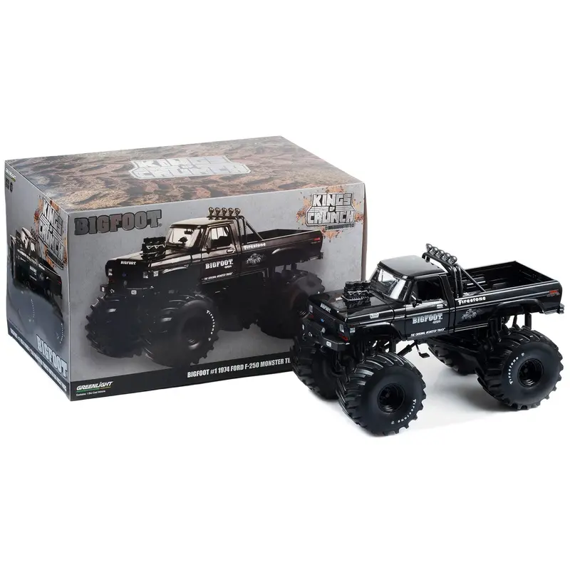 1974 Ford F-250 Monster Truck With 66-Inch Tires Black Bandit Edition "Bigfoot #1" "Kings Of Crunch" Series 1/18 Diecast Model Car By Greenlight 1
