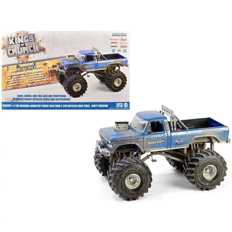 1974 Ford F-250 Monster Truck With 66-Inch Tires Blue "Bigfoot #1" (Dirty Version) "Kings Of Crunch" Series 1/18 Diecast Model Car By Greenlight 1