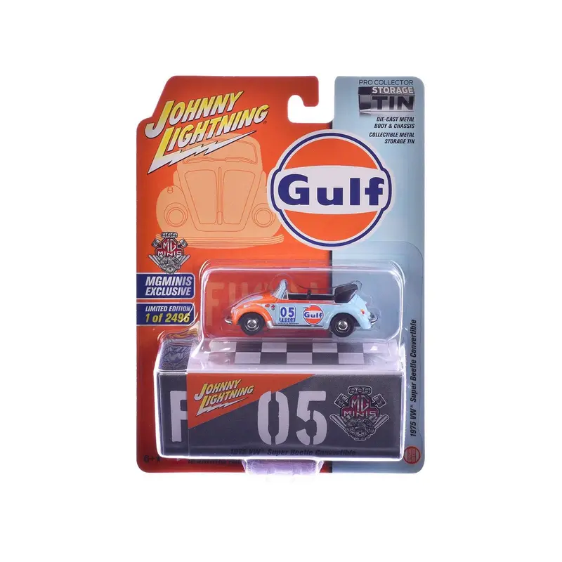 1975 Volkswagen Super Beetle Convertible #05 "Gulf Oil" Light Blue And Orange "Mgminis Exclusive" Series Limited Edition To 2496 Pieces Worldwide 1/64 Diecast Model Car By Johnny Lightning 1