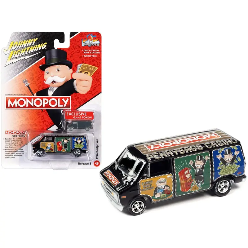 1976 Dodge Van Black "Pennybags Casino - Monopoly" With Dodge Van Monopoly Game Token "Pop Culture" 2022 Release 3 1/64 Diecast Model Car By Johnny Lightning 1