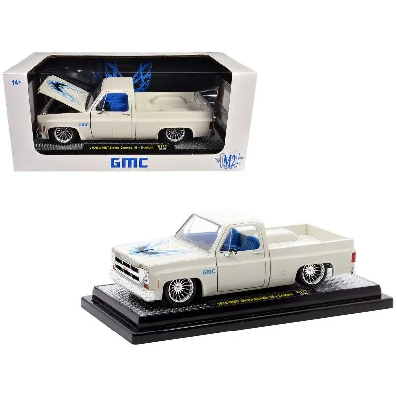 1976 Gmc Sierra Grande 15 Custom Pickup Truck Eggshell White With Hood Graphics And Blue Interior Limited Edition To 6650 Pieces Worldwide 1/24 Diecast Model Car By M2 Machines 1