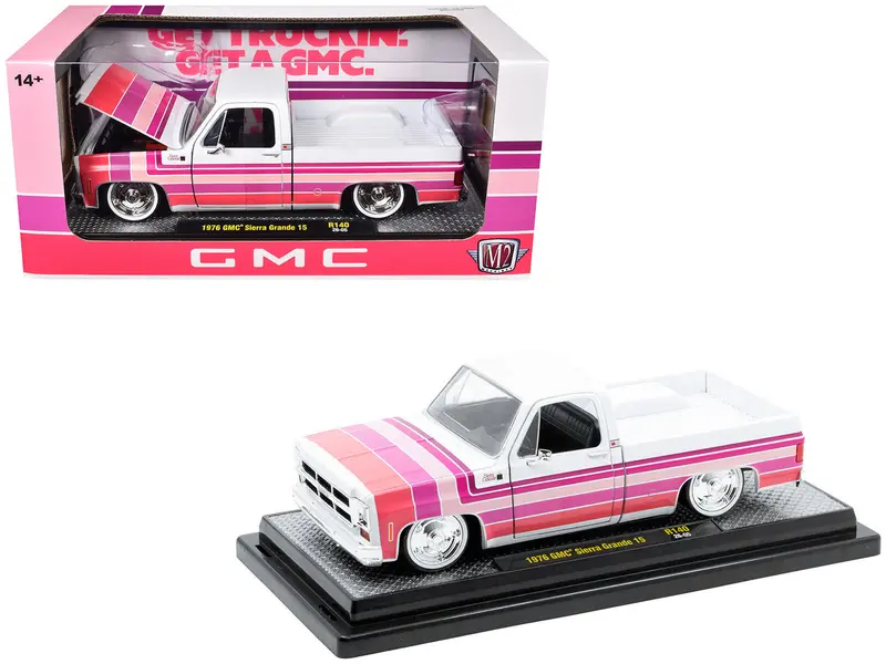 1976 Gmc Sierra Grande 15 Pickup Truck White With Stripes Limited Edition To 9250 Pieces Worldwide 1/24 Diecast Model Car By M2 Machines 1
