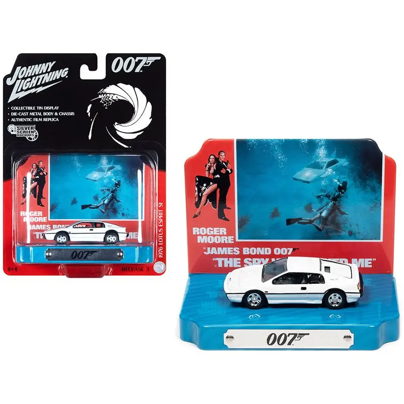 1976 Lotus Esprit S1 White With Collectible Tin Display "007" (James Bond) "The Spy Who Loved Me" (1977) Movie (10Th In The James Bond Series) 1/64 Diecast Model Car By Johnny Lightning 1