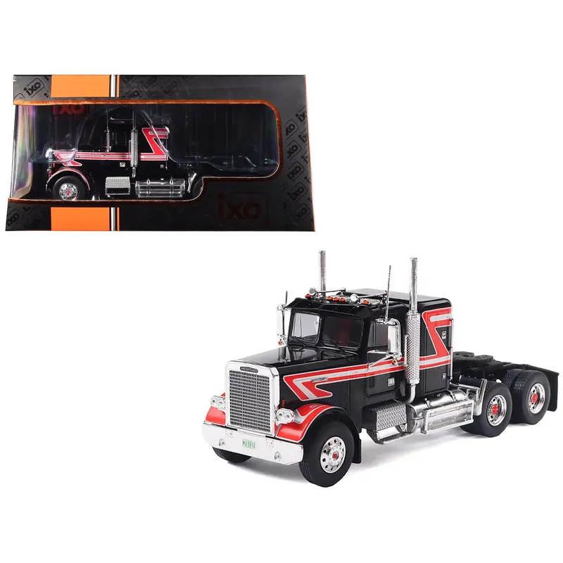 1977 Freightliner Flc 120 64 T Truck Tractor Black With Red And White Stripes 1/43 Diecast Model By Ixo Models 1
