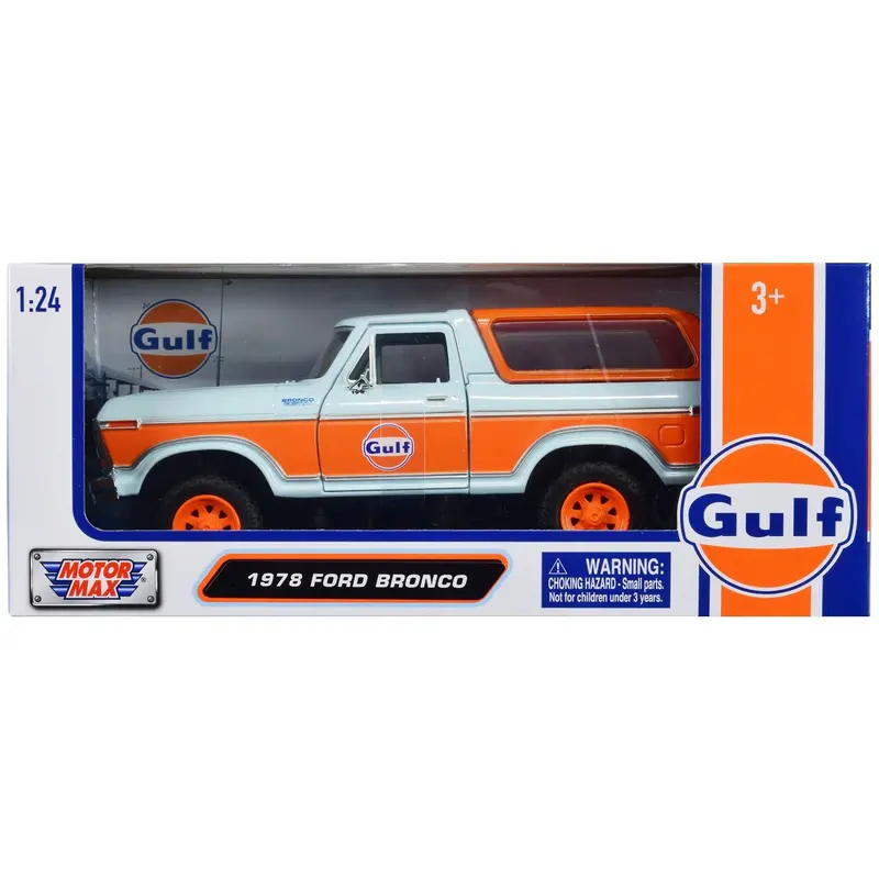 1978 Ford Bronco Light Blue And Orange "Gulf Oil" "Gulf Die-Cast Collection" 1/24 Diecast Model Car By Motormax 1