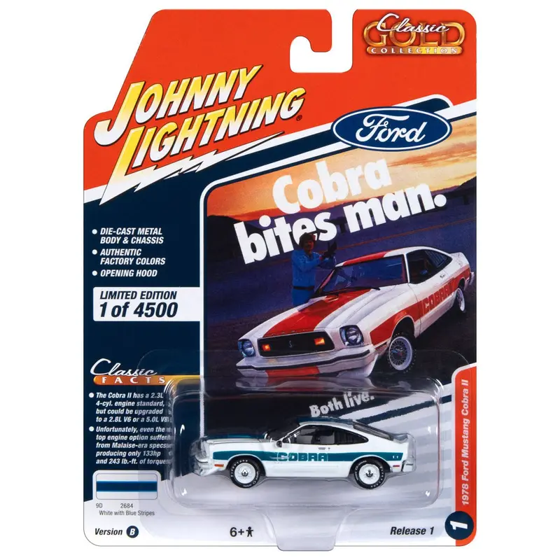 1978 Ford Mustang Cobra Ii White With Blue Stripes "Classic Gold Collection" 2023 Release 1 Limited Edition To 4500 Pieces Worldwide 1/64 Diecast Model Car By Johnny Lightning 1