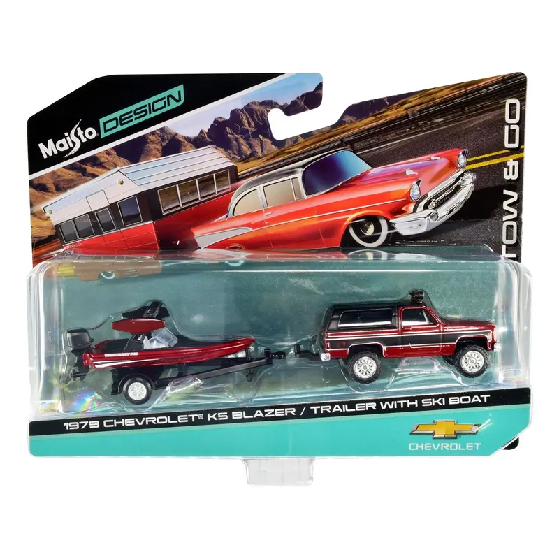 1979 Chevrolet K5 Blazer Red Metallic And Matt Black And Ski Boat Red Metallic And Matt Black With Trailer "Tow & Go" Series 1/64 Diecast Models By Maisto 1