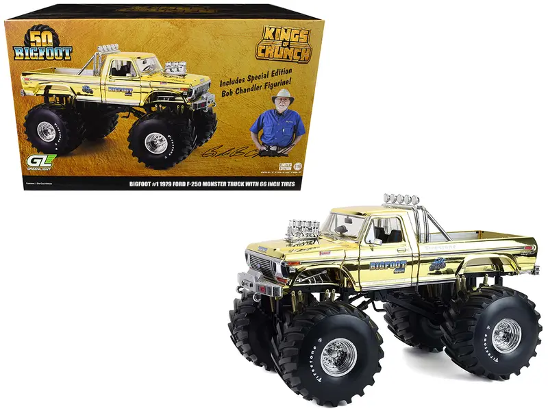 1979 Ford F-250 Monster Truck "Bigfoot #1 50Th Anniversary" Gold Chrome With Bob Chandler Standing Figure "Kings Of Crunch" Series 1/18 Diecast Model Car By Greenlight 1