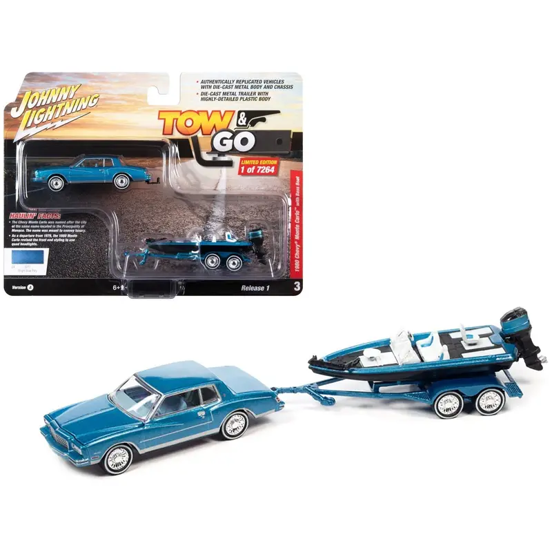 1980 Chevrolet Monte Carlo Bright Blue Metallic With Blue Interior With Bass Boat And Trailer Limited Edition To 7264 Pieces Worldwide "Tow & Go" Series 1/64 Diecast Model Car By Johnny Lightning 1