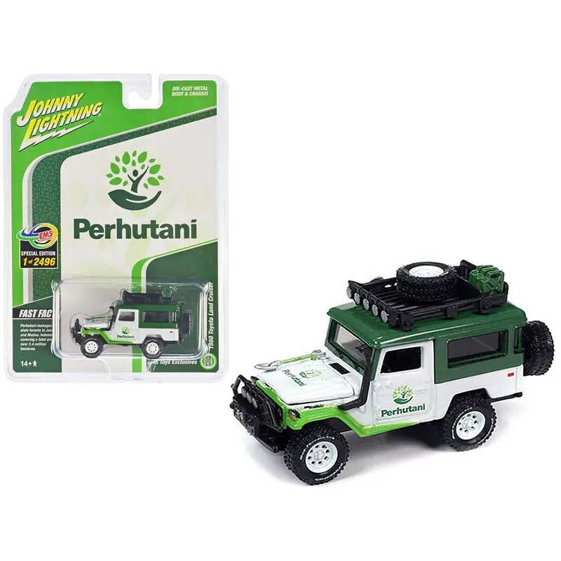 1980 Toyota Land Cruiser White And Green "Perhutani" With Roof Rack Limited Edition To 2496 Pieces Worldwide 1/64 Diecast Model Car By Johnny Lightning 1