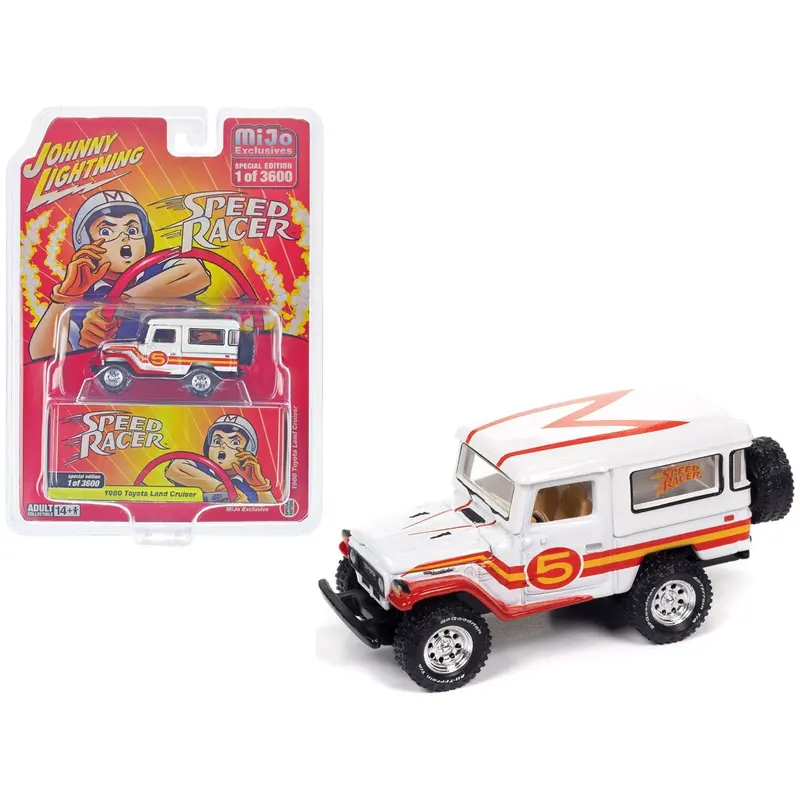 1980 Toyota Land Cruiser White With Red And Yellow Stripes "Speed Racer" Livery Limited Edition To 3600 Pieces Worldwide 1/64 Diecast Model Car By Johnny Lightning 1