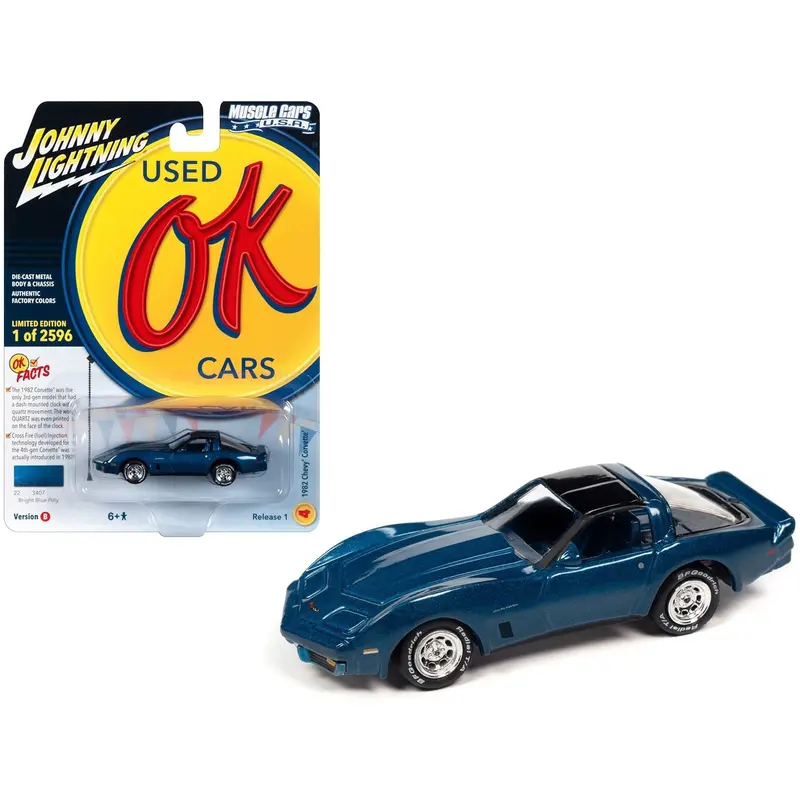 1982 Chevrolet Corvette Bright Blue Metallic With Black Top And Blue Interior Limited Edition To 2596 Pieces Worldwide "Ok Used Cars" 2023 Series 1/64 Diecast Model Car By Johnny Lightning 1
