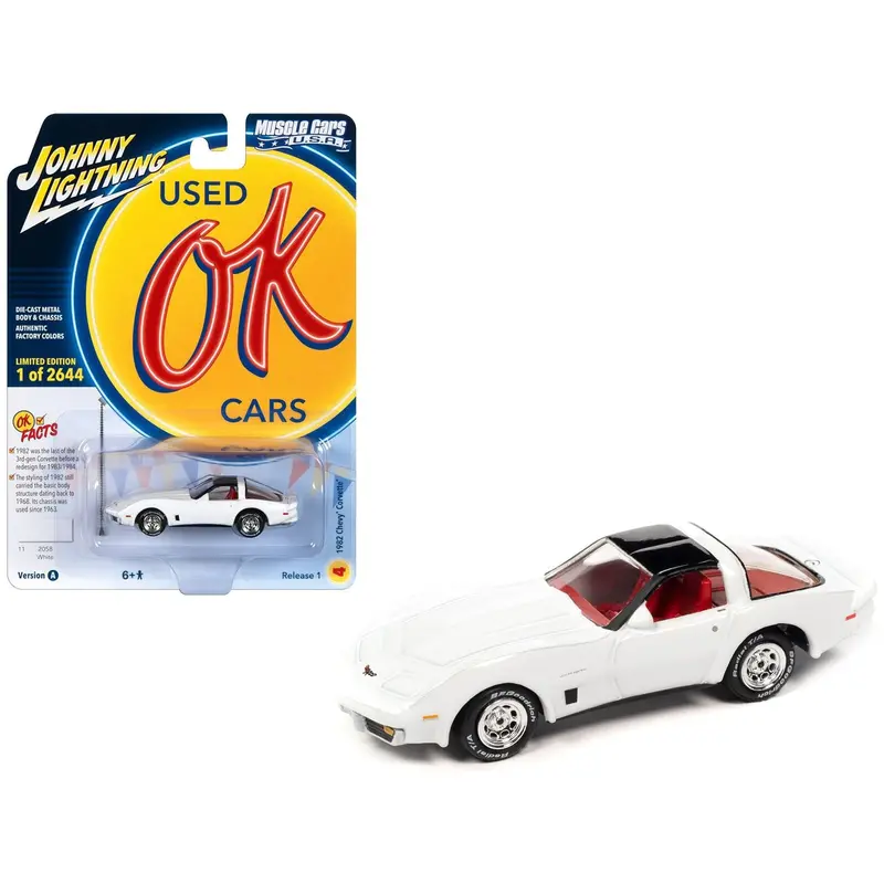 1982 Chevrolet Corvette White With Black Top And Red Interior Limited Edition To 2644 Pieces Worldwide "Ok Used Cars" 2023 Series 1/64 Diecast Model Car By Johnny Lightning 1