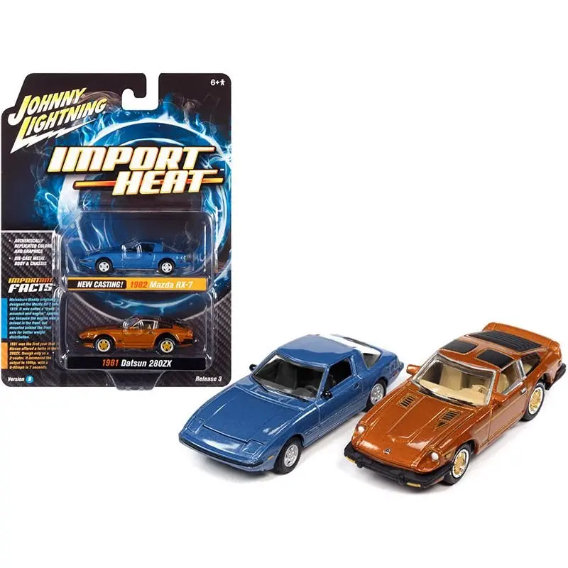 1982 Mazda Rx-7 Blue Metallic And 1981 Datsun 280Zx Orange Mist Metallic "Import Heat" Set Of 2 Cars 1/64 Diecast Model Cars By Johnny Lightning 1