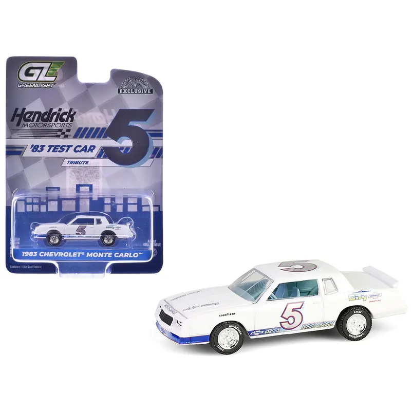 1983 Chevrolet Monte Carlo #5 "Hendrick Motorsports First Test Car Tribute" White With Blue Stripes And Interior "Hobby Exclusive" Series 1/64 Diecast Model Car By Greenlight 1