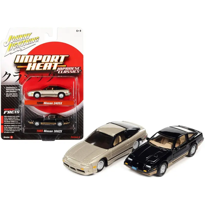 1985 Nissan 300Zx Thunder Black Body With Gold Trim And 1990 Nissan 240Sx Champagne Gold Pearl With Black Stripes "Import Heat" Series Set Of 2 Cars 1/64 Diecast Model Cars By Johnny Lightning 1