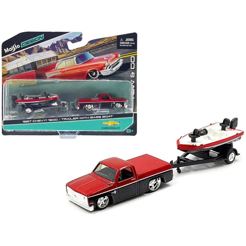 1987 Chevrolet 1500 Pickup Truck Candy Red And Black And Bass Boat With Trailer Red And Black "Tow & Go" Series 1/64 Diecast Model Car By Maisto 1