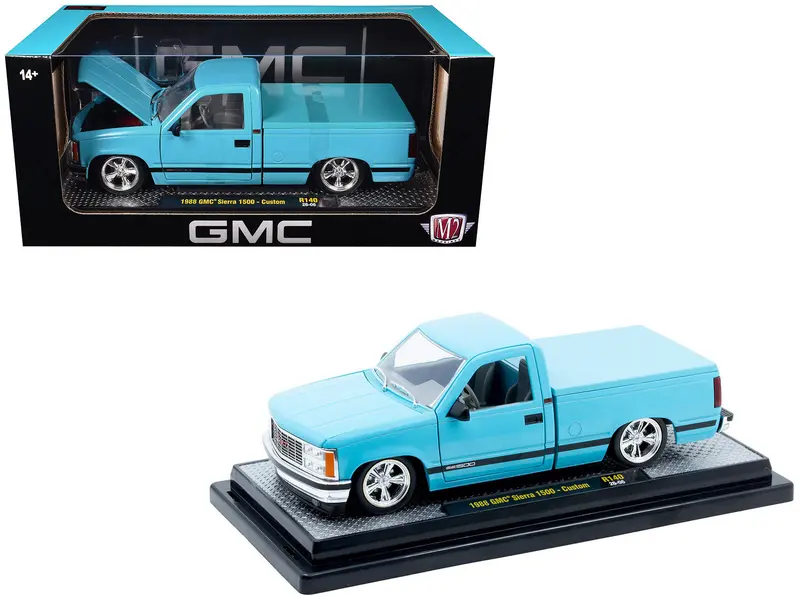 1988 Gmc Sierra 1500 Custom Pickup Truck Light Blue With Black Stripes Limited Edition To 9250 Pieces Worldwide 1/24 Diecast Model Car By M2 Machines 1