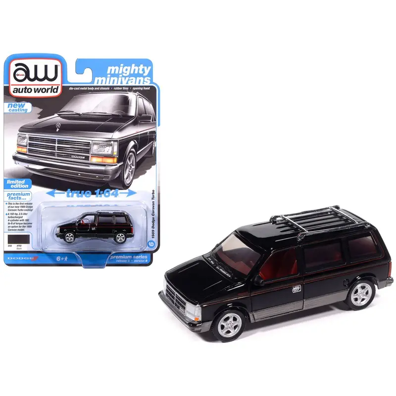 1989 Dodge Caravan Turbo Van Black With Red Stripes And Interior "Mighty Minivans" Series 1/64 Diecast Model Car By Auto World 1