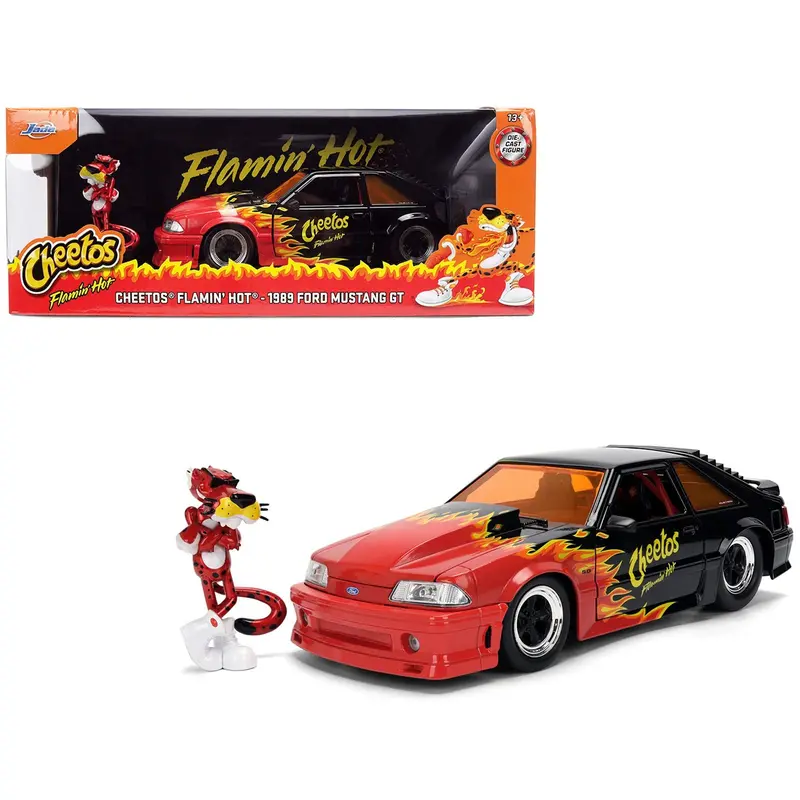 1989 Ford Mustang Gt Black With Red Flame Graphics And Chester Cheetah Diecast Figure "Cheetos Flamin' Hot" "Hollywood Rides" Series 1/24 Diecast Model Car By Jada 1