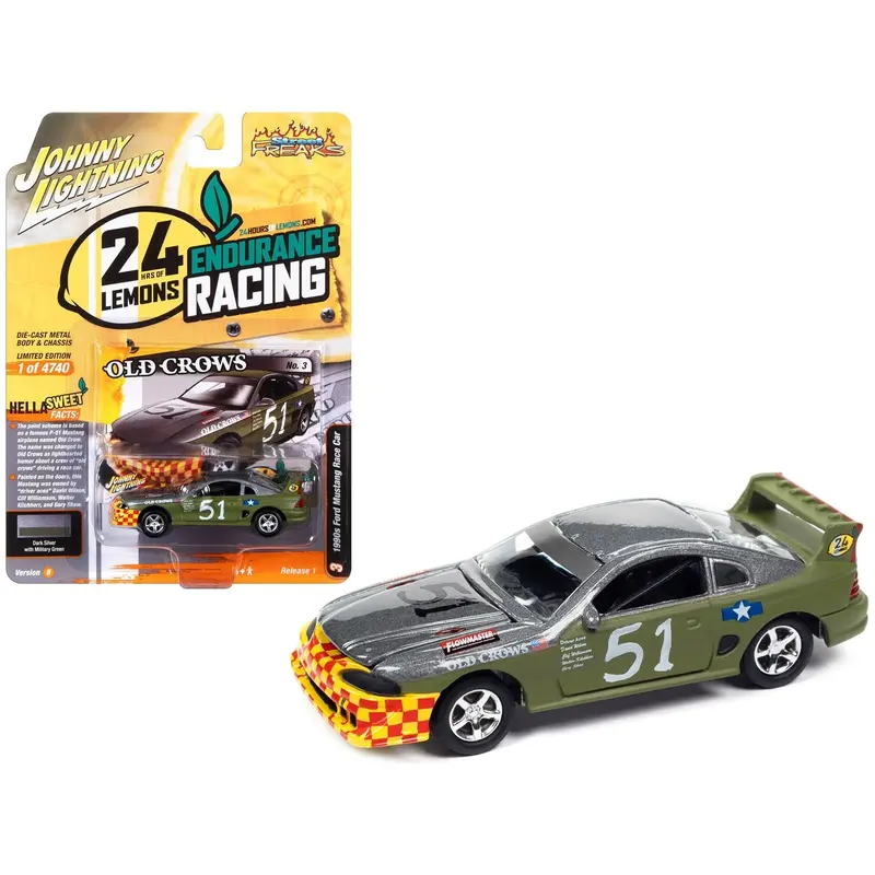 1990S Ford Mustang Race Car #51 Military Green And Dark Silver Metallic "Old Crows" "24 Hours Of Lemons" Limited Edition To 4740 Pieces Worldwide "Street Freaks" Series 1/64 Diecast Model Car By Johnny Lightning 1