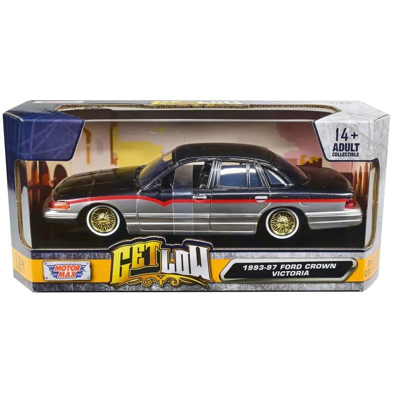 1993-1997 Ford Crown Victoria Lowrider Black Metallic And Silver With Red Stripes "Get Low" Series 1/24 Diecast Model Car By Motormax 1