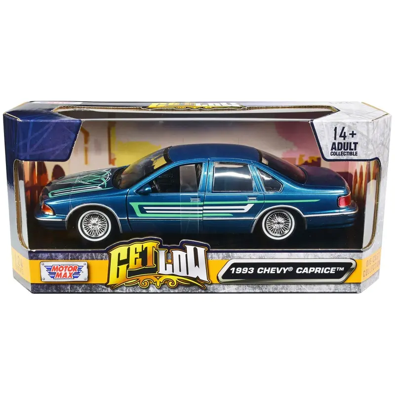 1993 Chevrolet Caprice Lowrider Blue Metallic With Graphics "Get Low" Series 1/24 Diecast Model Car By Motormax 1