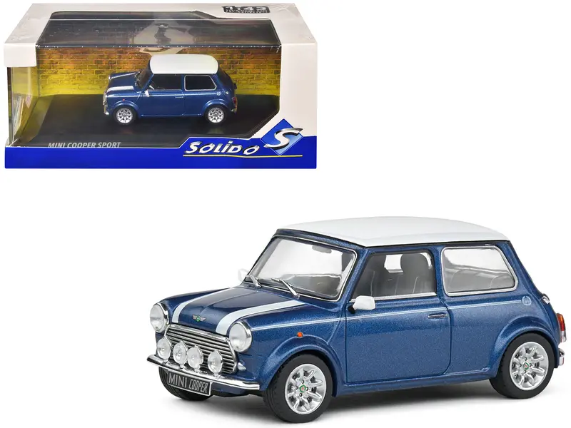 1994 Mini Cooper Sport Tahiti Blue Metallic With White Top And Stripes 1/43 Diecast Model Car By Solido 1