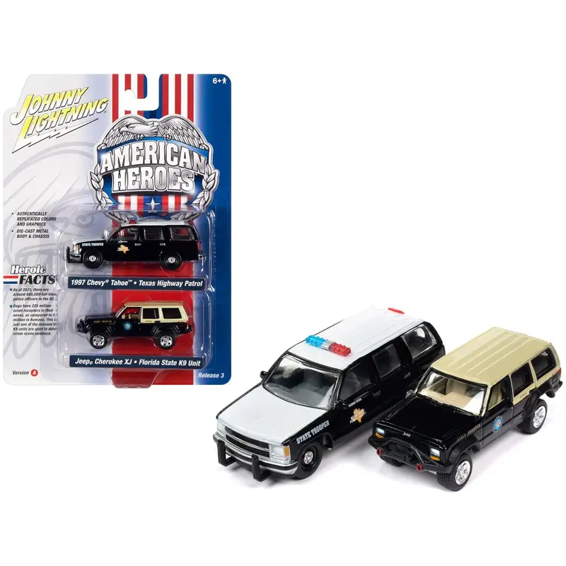 1997 Chevrolet Tahoe "Texas Highway Patrol - Department Of Public Safety" Black And White And Jeep Cherokee Xj "Florida State Trooper K9 Unit" Black With Tan Top "American Heroes" Series Set Of 2 Cars 1/64 Diecast Model Cars By Johnny Lightning 1
