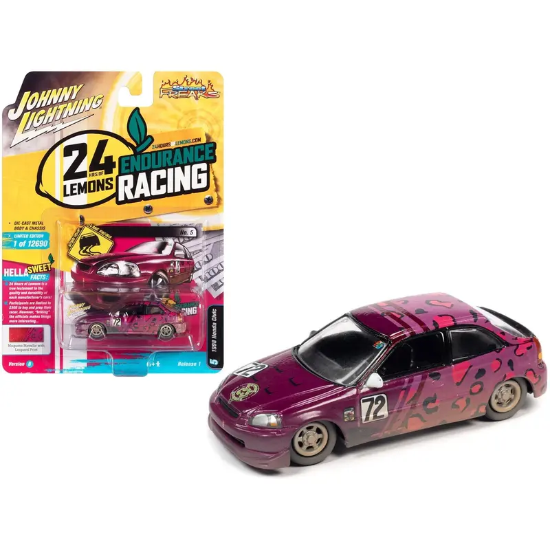 1998 Honda Civic #72 Magenta Metallic And Leopard Print (Raced Version) "24 Hours Of Lemons" (2019) Limited Edition To 12690 Pieces Worldwide "Street Freaks" Series 1/64 Diecast Model Car By Johnny Lightning 1