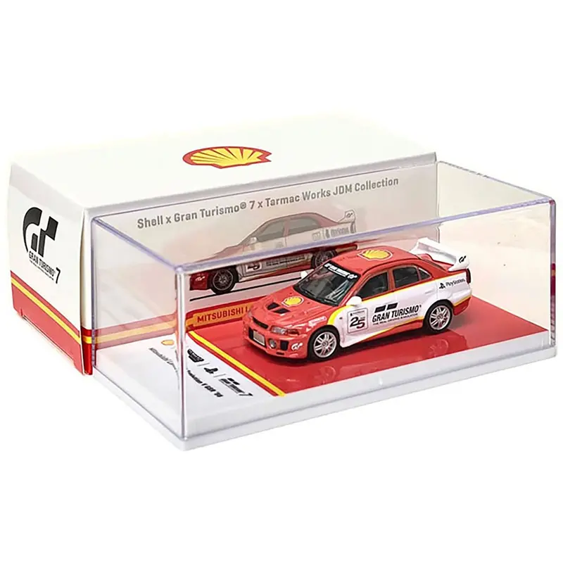 1998 Mitsubishi Lancer Evolution V Gsr Rhd (Right Hand Drive) Red And White With Yellow Stripes "Shell X Gran Turismo 7" Special Edition 1/64 Diecast Model Car By Tarmac Works 1