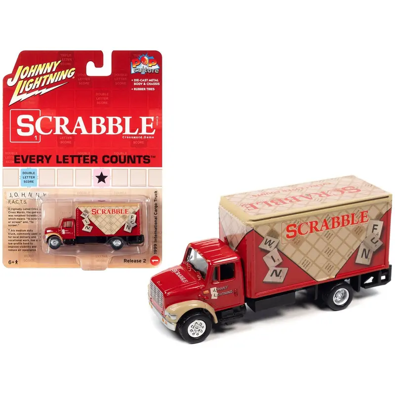 1999 International Cargo Truck Red With Graphics "Scrabble" "Pop Culture" 2022 Release 2 1/64 Diecast Model Car By Johnny Lightning 1
