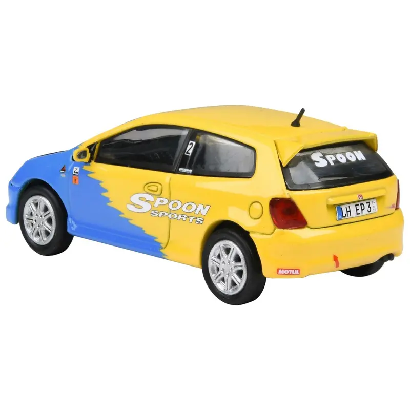 2001 Honda Civic Type R Ep3 Blue And Yellow With Black Hood "Spoon Sports" 1/64 Diecast Model Car By Paragon Models 1