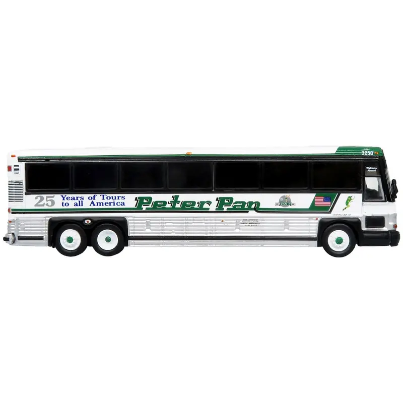 2001 Mci D4000 Coach Bus "Peter Pan 25 Years Of Tours To All Of America" White And Green "Vintage Bus & Motorcoach Collection" Limited Edition To 504 Pieces Worldwide 1/87 (Ho) Diecast Model By Iconic Replicas 1