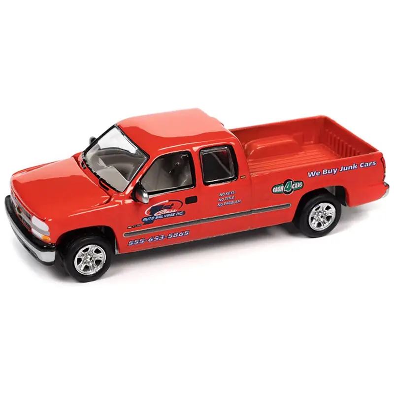 2002 Chevrolet Silverado Pickup Truck Red "Auto Salvage Inc." And Tow Dolly Black "Tow & Go" Series Limited Edition To 3672 Pieces Worldwide 1/64 Diecast Model Car By Johnny Lightning 1