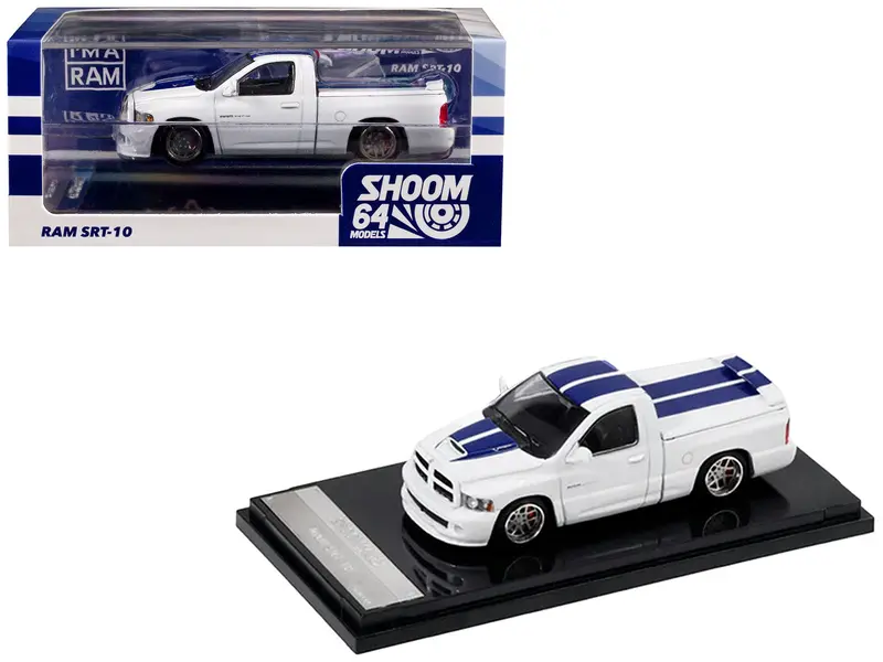2003 Dodge Ram Srt-10 Pickup Truck White With Blue Stripes 1/64 Diecast Model Car By Shoom64 Models 1