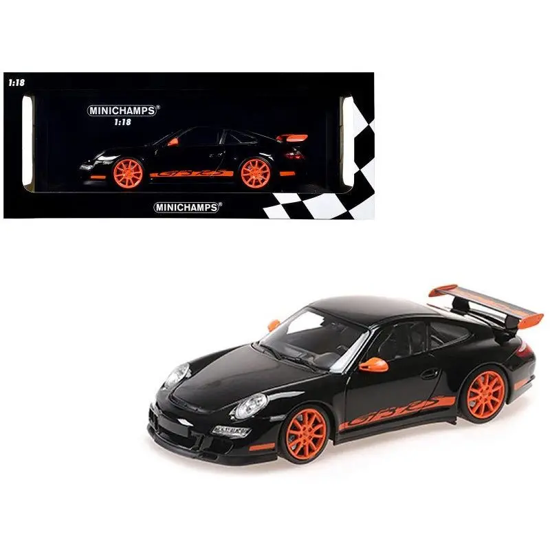 2007 Porsche 911 Gt3 Rs Black With Orange Stripes 1/18 Diecast Model Car By Minichamps 1