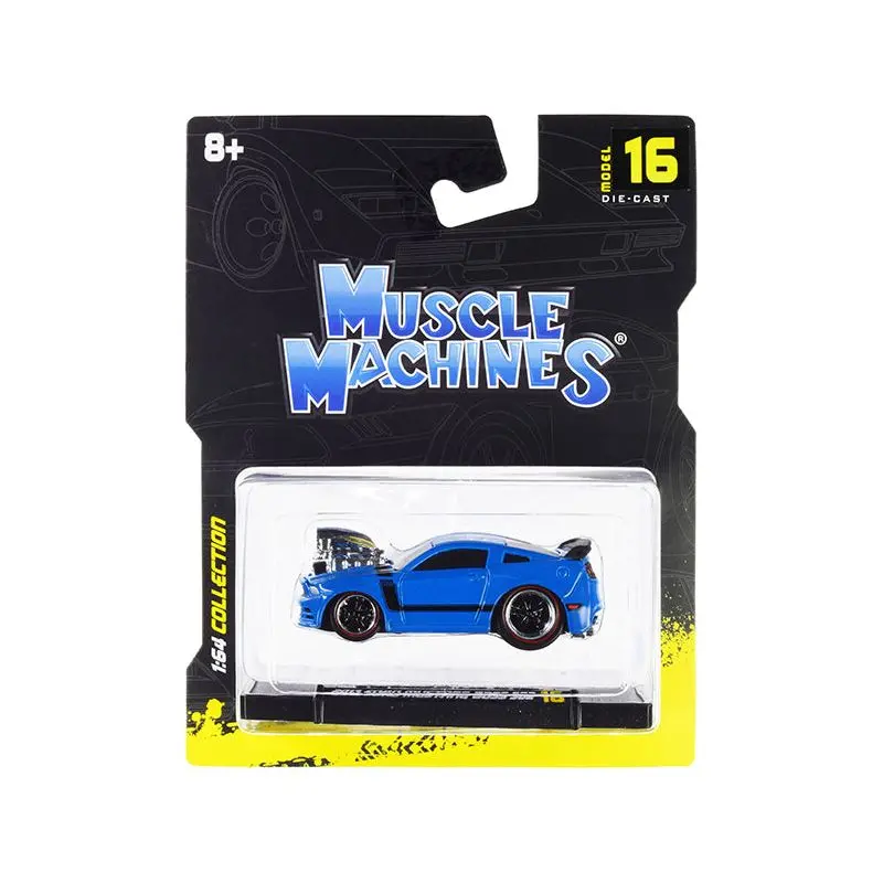 2013 Ford Mustang Boss 302 Light Blue With Black Stripes 1/64 Diecast Model Car By Muscle Machines 1