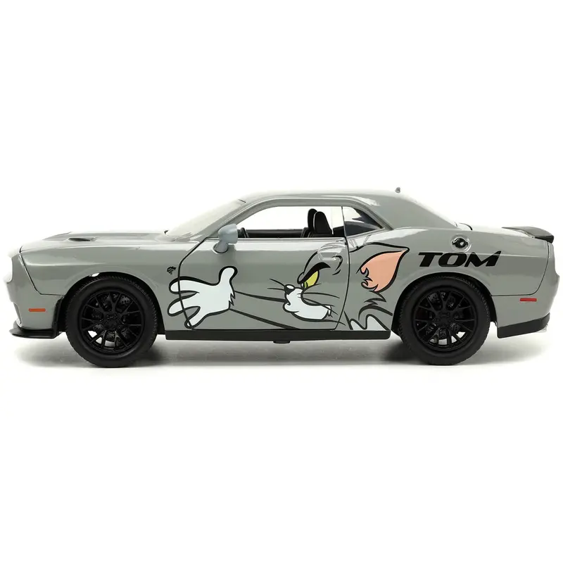 2015 Dodge Challenger Hellcat Gray With "Tom" Graphics And Jerry Diecast Figure "Tom And Jerry" "Hollywood Rides" Series 1/24 Diecast Model Car By Jada 1