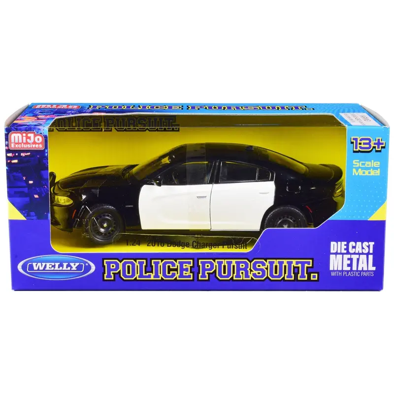 2016 Dodge Charger Pursuit Police Interceptor Black And White Unmarked "Police Pursuit" Series 1/24 Diecast Model Car By Welly 1