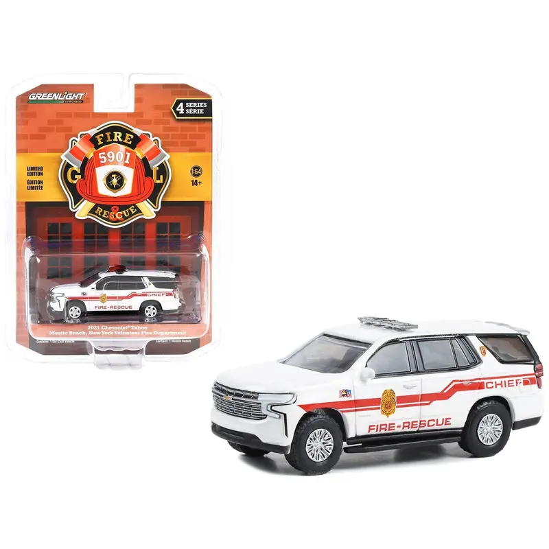 2021 Chevrolet Tahoe White With Red Stripes "Mastic Beach Fire-Rescue Chief - Mastic Beach Long Island New York" "Fire & Rescue" Series 4 1/64 Diecast Model Car By Greenlight 1