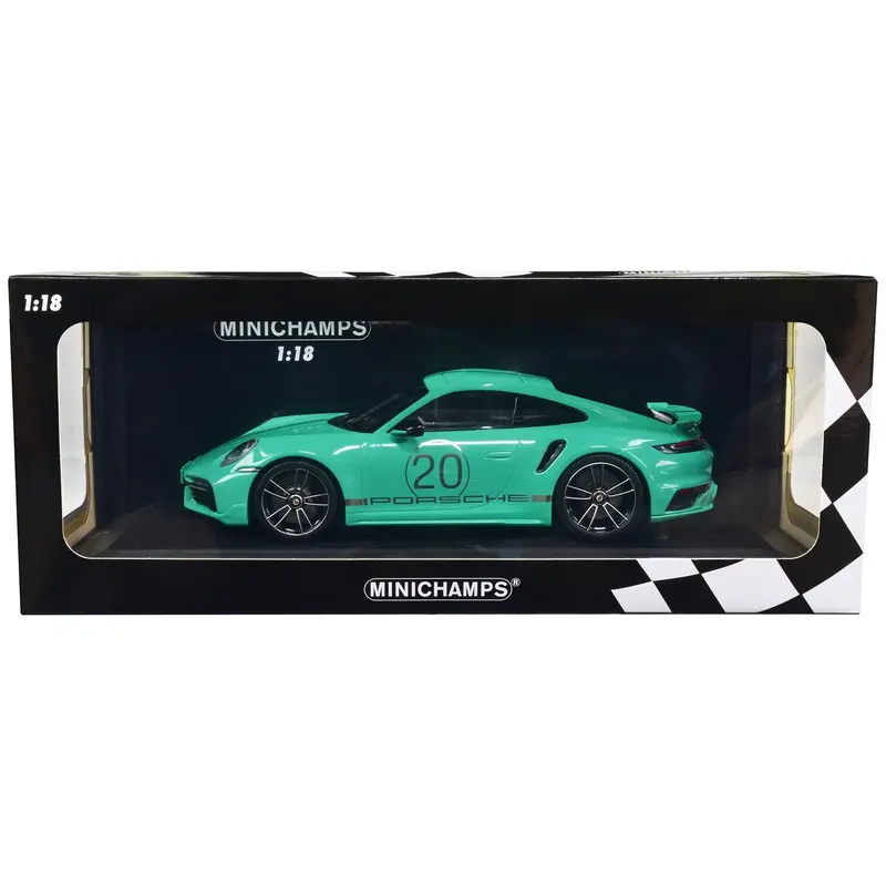 2021 Porsche 911 Turbo S With Sportdesign Package #20 Green With Silver Stripes Limited Edition To 504 Pieces Worldwide 1/18 Diecast Model Car By Minichamps 1