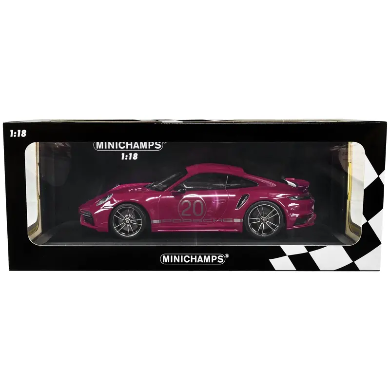 2021 Porsche 911 Turbo S With Sportdesign Package #20 Red Violet With Silver Stripes Limited Edition To 504 Pieces Worldwide 1/18 Diecast Model Car By Minichamps 1