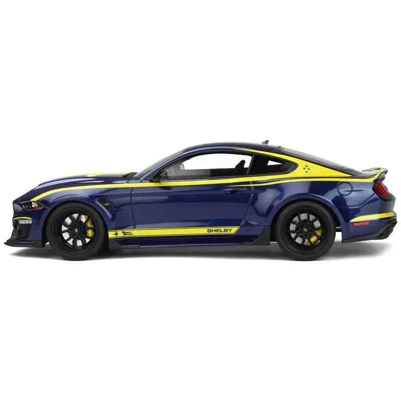 2021 Shelby Mustang Super Snake Coupe Blue Metallic With Yellow Stripes 1/18 Model Car By Gt Spirit 1