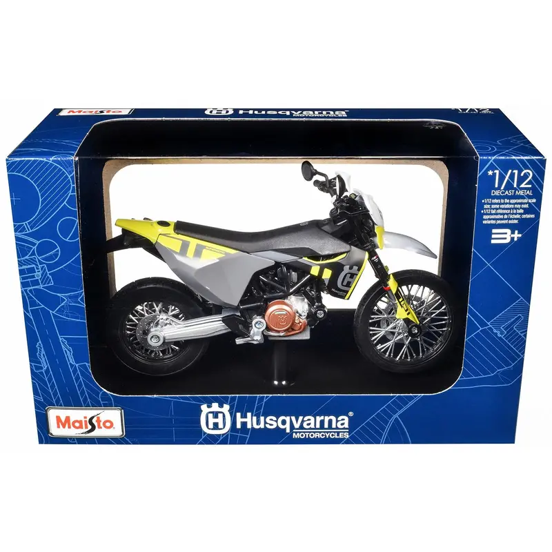 2023 Husqvarna 701 Supermoto Motorcycle Matt Black And Gray With Yellow And White Accents With Display Base 1/12 Diecast Model By Maisto 1