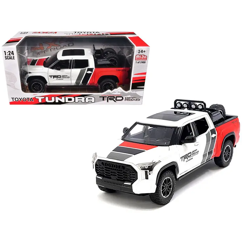 2023 Toyota Tundra Trd 4X4 Pickup Truck White And Red With Black And Gray Stripes With Sunroof And Wheel Rack Limited Edition To 2400 Pieces Worldwide 1/24 Diecast Model Car 1