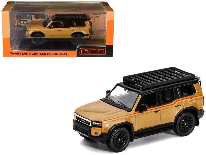 2024 Toyota Land Cruiser Prado Gold Metallic With Red Stripes And Roof Rack 1/64 Diecast Model Car By Gcd 1