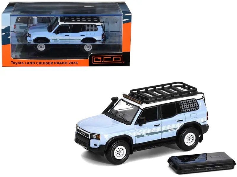 2024 Toyota Land Cruiser Prado Light Blue With White Top And Stripes With Roof Rack And Accessory 1/64 Diecast Model Car By Gcd 1